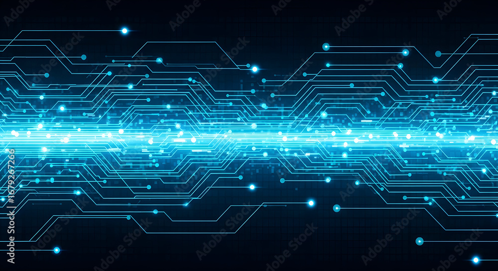 Aufkleber futuristic blue digital network with glowing data flow and circuit lines
