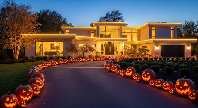 Modern house decorated with glowing pumpkins for a festive halloween celebration - Powered by Adobe