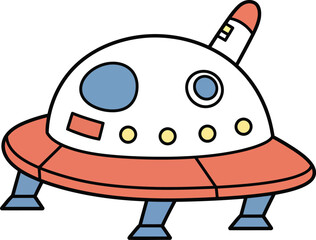 A cartoon illustration of a white and orange flying saucer with blue accents and yellow details on transparent background