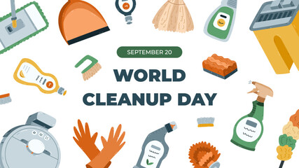 Horizontal colourful banner for World Cleanup Day with detergent gels and tools clipart, spray bottle, bucket, gloves. Simple holiday poster, website banner, social media post in warm colors.