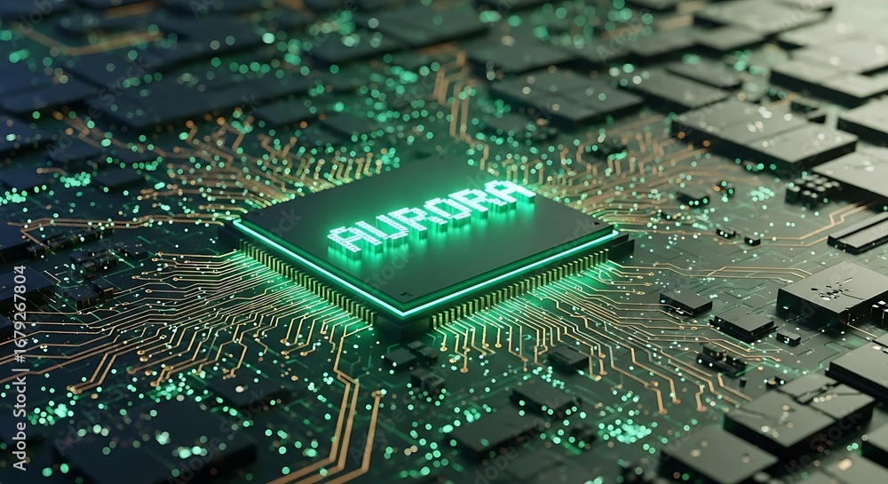 Poster digital processor chip with glowing green aurora text on circuit board