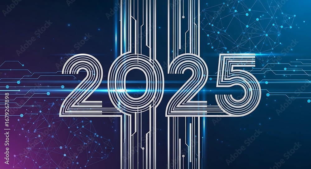 Poster digital 2025 banner with abstract circuit lines and network connections