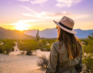 Woman in desert at sunset