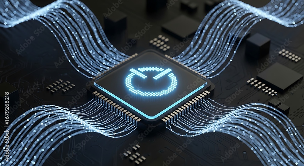 Fototapete digital processor with luminous data streams on a dark circuit board