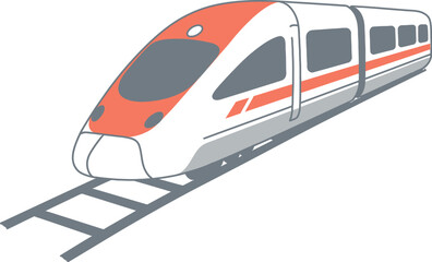Fototapeta premium A white and orange bullet train traveling on railroad tracks on transparent background