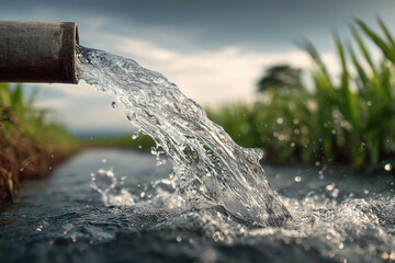 close up of water flowing from a pipe at field