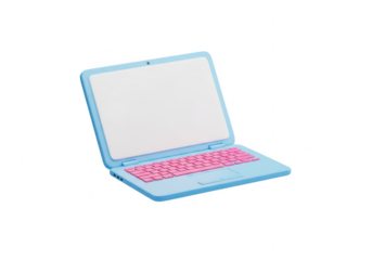 Blue toy laptop with pink keyboard isolated on transparent background