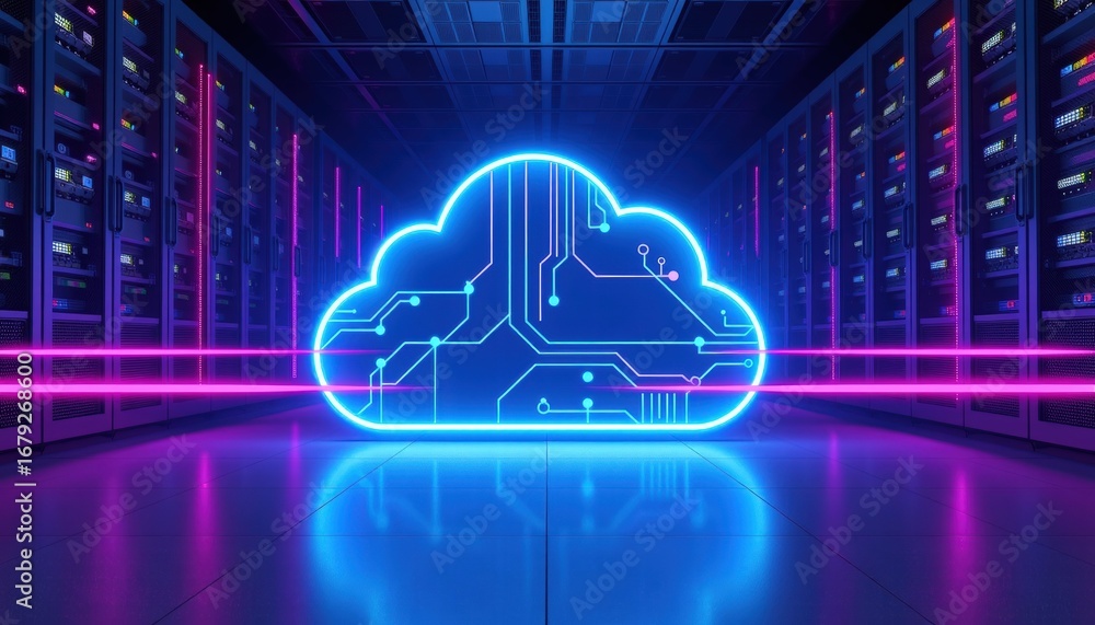 Poster innovative digital cloud technology in a high-tech data center background showcasing advanced comput