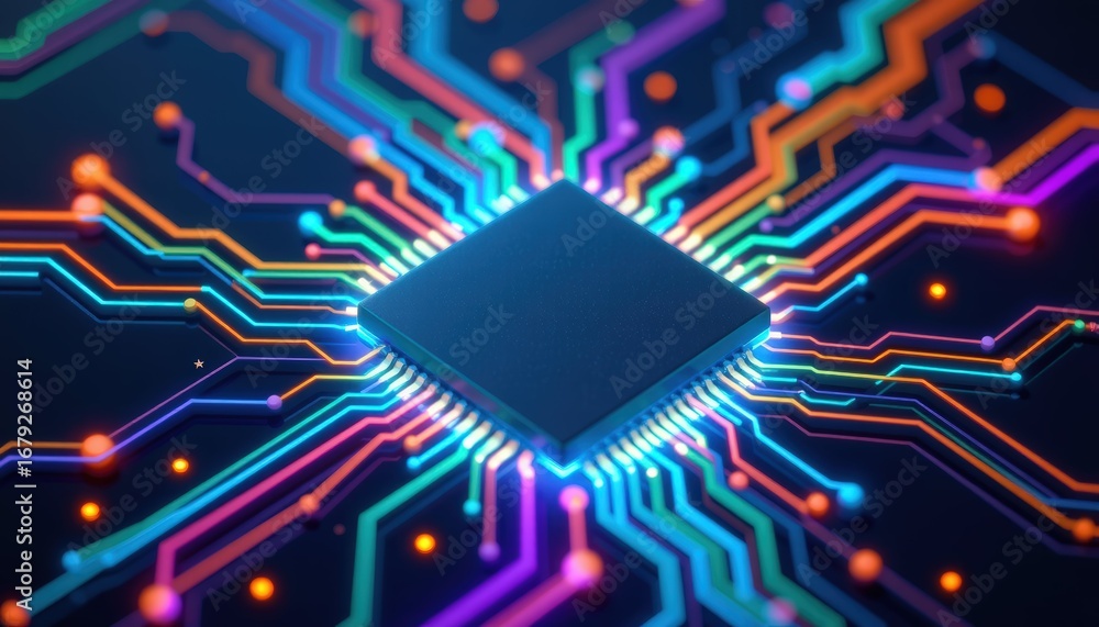 Poster digital technology innovation in computing high-tech circuit background close-up viewpoint of inform