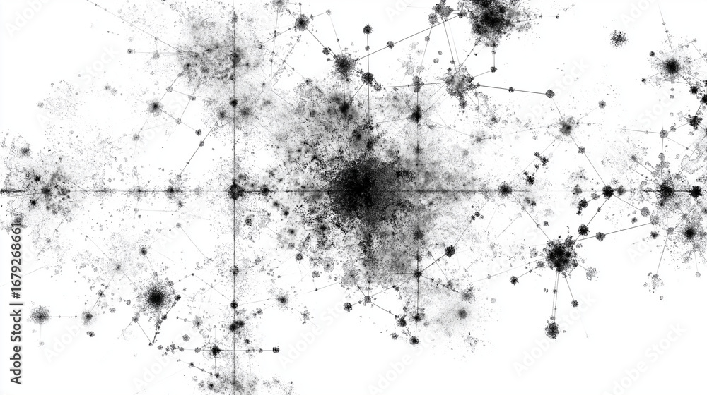 Poster abstract network of dark spots connected by lines on a white background