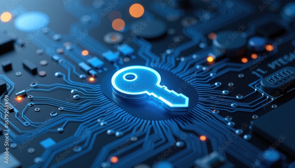 Poster close up of a hi-tech key symbolizing digital security in technology background innovation and compu