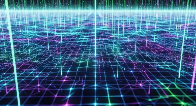Abstract neon grid with glowing lines creates a futuristic cyberspace landscape