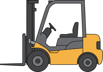 A yellow forklift with a black seat and wheels on transparent background