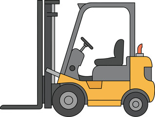 A yellow forklift with a gray seat and steering wheel on transparent background
