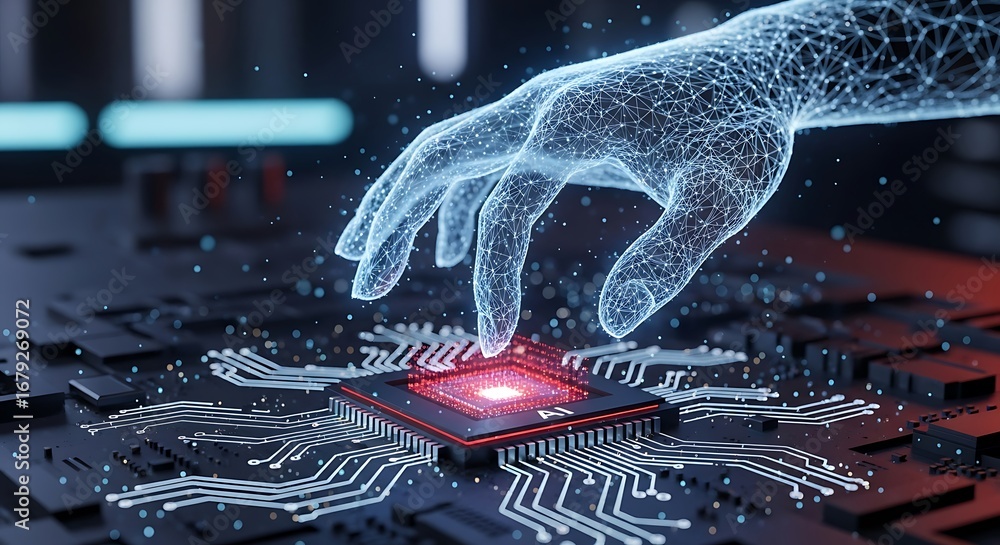 Poster digital hand touching ai processor on circuit board for future technology