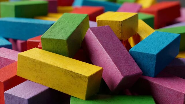 Vivid assortment of multicolored plastic blocks for construction, education and creativity.