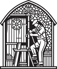 Intricate Black and White Illustration of a Lantern with Candles, Moons and Stars Design