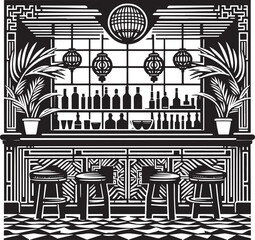 Fototapeta premium Illustration of an Art Deco Bar Interior with Stools, Bottles, and Decorative Lanterns Design