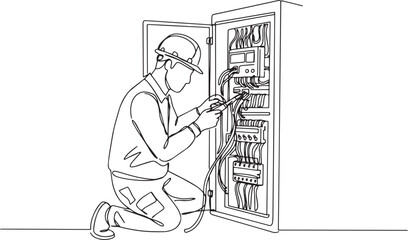 Electrical panel repair continuous line drawing showing technici