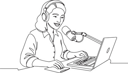 Woman recording podcast with headset and microphone continuous l