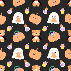 Cute Halloween Seamless Pattern with Ghost and Pumpkin