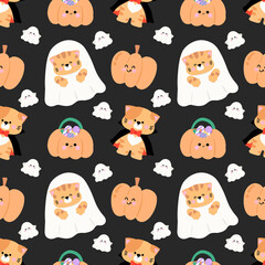 Seamless Pattern with Halloween Cats and Pumpkins
