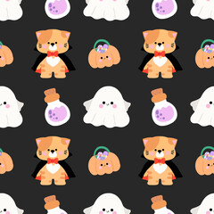 Cute Halloween Seamless Pattern with Cats and Ghosts