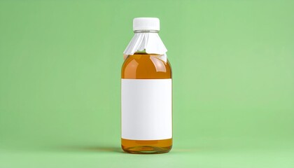 Amber glass bottle with blank label and white cap on a pastel green background
