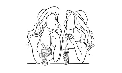 Two woman in hats drinking summer lemonade and laugh, continuous line art, isolated on white background. Line art drawing. Vector illustration