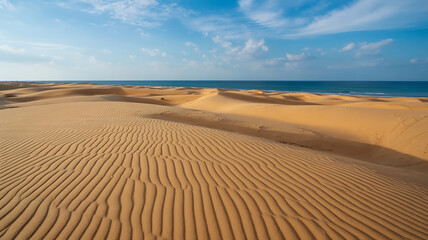Naklejka premium Serene desert dunes meet ocean horizon under a vibrant blue sky landscape photography