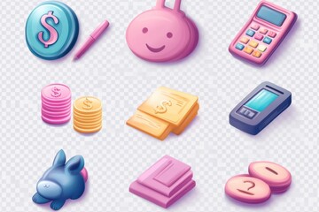 Financial literacy learning icon set money savings investment bookkeeping on transparent background