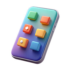 3D isometric smartphone with glowing digital apps hologram on white background.