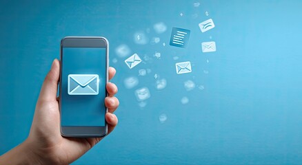 Hand holding smartphone with email icons flying around