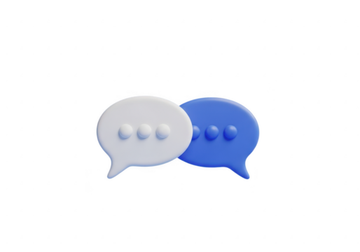 Two 3d chat bubbles, one white and one blue, isolated on white isolated on transparent background