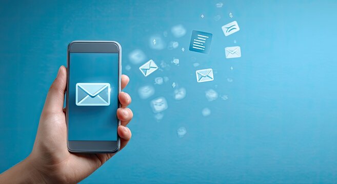 Hand holding smartphone with email icons flying around