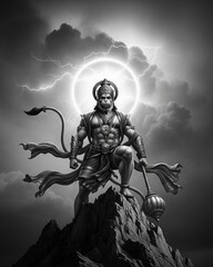 Naklejka premium Hanuman on Mountain in Storm.