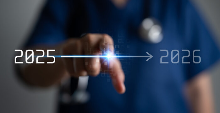 Doctor touching virtual interface 2025 to 2026, symbolizing future healthcare planning, digital innovation, medical strategy and technological transformation. Healthcare planning for future concept.