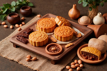 Traditional mooncakes arranged on wooden tray surrounded by assorted nuts, dried fruits and small wooden bowls, showcasing classic festive pastry with detailed patterns on surface