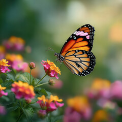 Fototapeta premium butterfly flying over pink and yellow flowers