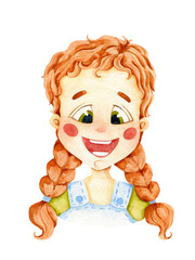 Happy girl watercolor illustration on transparent background. Girl's face character design. Exciting emotion. Female kid person poster card. Cartoon ginger girl with plaits.