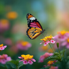 Fototapeta premium butterfly flying over pink and yellow flowers