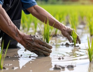 Close-up of a farmer's muddy hands meticulously planting young rice seedlings in a flooded paddy field
