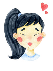 Asian girl watercolor illustration on transparent background. Girl's face character design. Fall in love emotion. Female kid person poster card. Cartoon Chinese, Japanese girl.