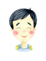 Cheerful brunett boy watercolor isolated on transparent background illustration. Boy's face character design. Happy emotion. Male kid person poster card. Cartoon Chinese, Japanese nationality child.