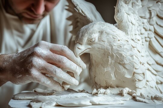 A sculptor meticulously crafts a detailed clay eagle statue, showcasing his artistry and dedication to detail.