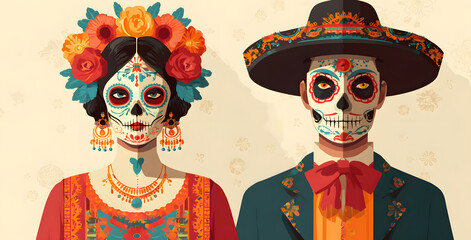 Dia de los muertos, Day of the dead, Mexican holiday festival. Poster, banner nd card with make up of suar skull, woman and man