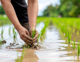Close-up of a farmer's hands planting rice seedlings in a muddy paddy field