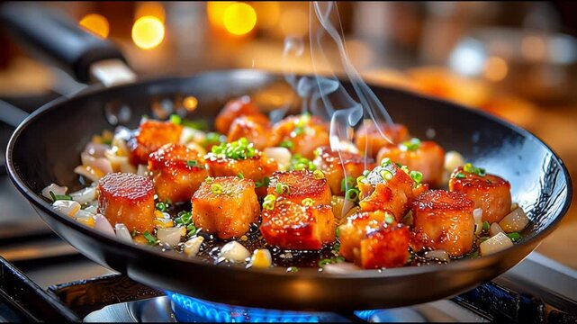 Estos deliciosos bocados de pollo se cocinan en una sart&eacute;n caliente, mientras se liberan aromas irresistibles. La cocina est&aacute; iluminada y vibrante, creando un ambiente acogedor.