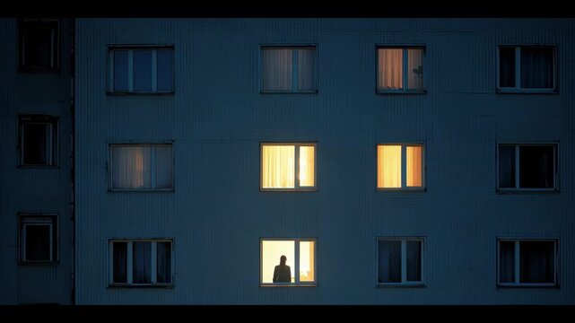 La imagen muestra un edificio iluminado por la noche, destacando ventanas con luces encendidas. Se pueden apreciar siluetas cerca de las ventanas. Una atm&oacute;sfera tranquila y urbana.