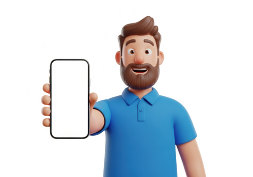 Cartoon man holding a smartphone with a blank screen, isolated on transparent background